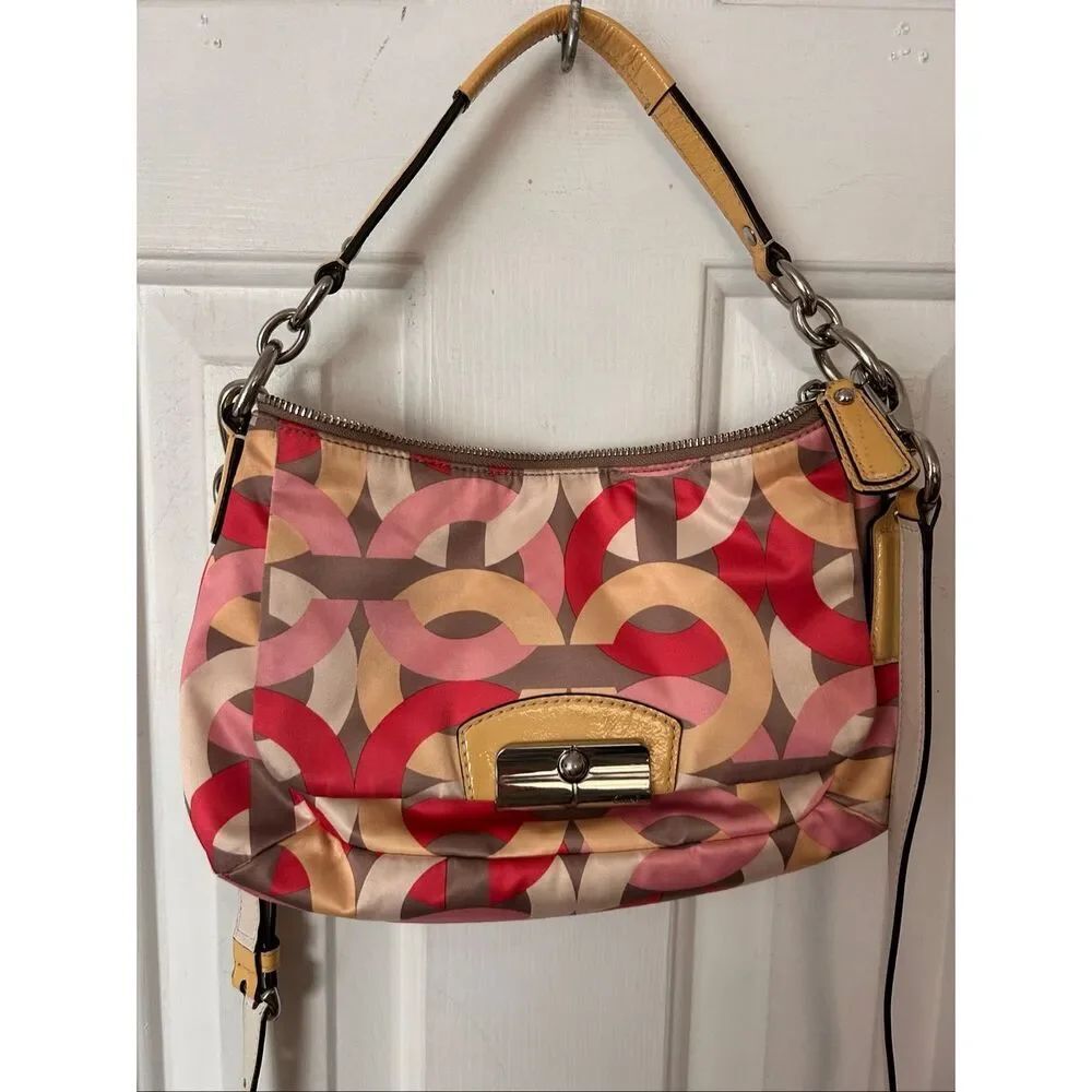 Coach vintage Y2K purse pink yellow white tan crossbody or shoulder bag 11x7 inc